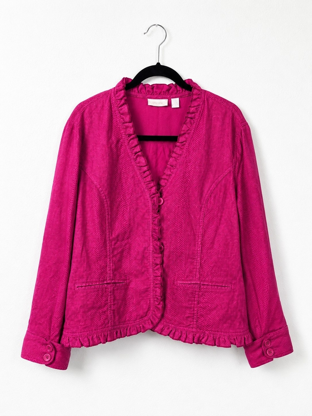 Chico's Y2K Fuchsia Ruffle Trim Textured Jacket Blazer Cotton Spandex Size 3 XL